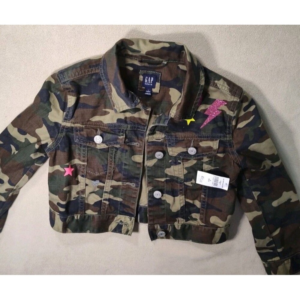 NWT Gap Kids Girl Camouflage Glitter Denim Jacket Sz S 6-7